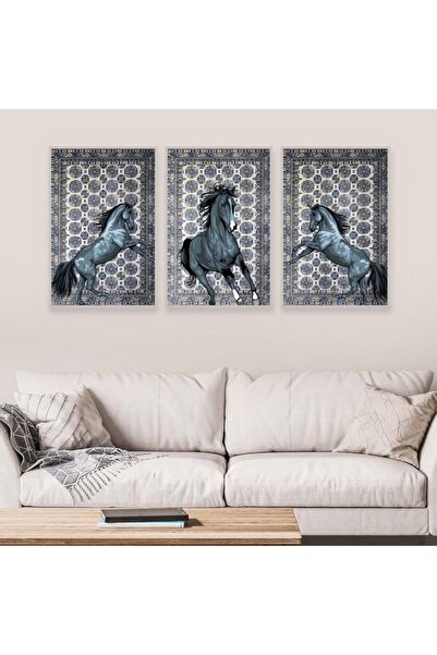4gdran ثلاث لوحات قماشية بتصميم حصان مع برواز فضي مجوف