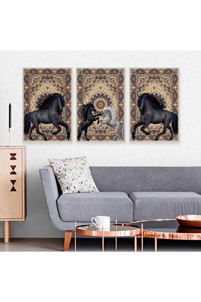 4gdran ثلاث لوحات قماشية بتصميم حصان مع برواز فضي مجوف