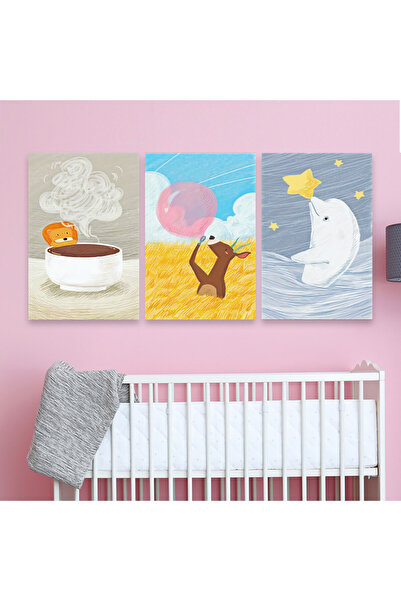 Marktna ثلاث لوحات قماشية مودرن لغرف الأطفال مع برواز ذهبي مجوف