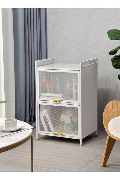 Lawazim Iron Cabinet - 2 Layer Vertical Storage Cabinet with Ribbed Doors and Side Hooks