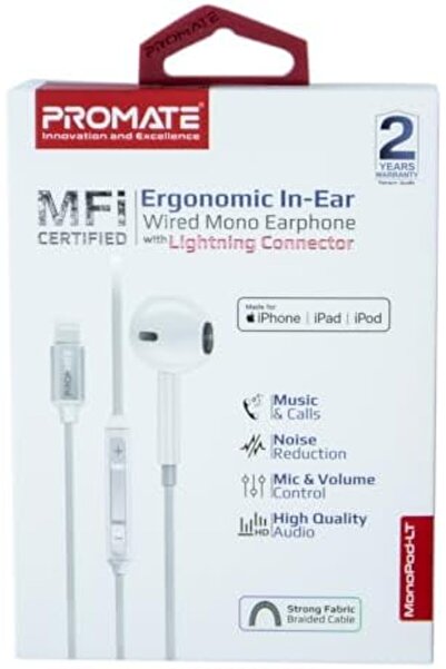 Promate Mono Earbuds with Lightning Connector, Ergonomic MFi Certified HD Mono Earphone with Mic, No