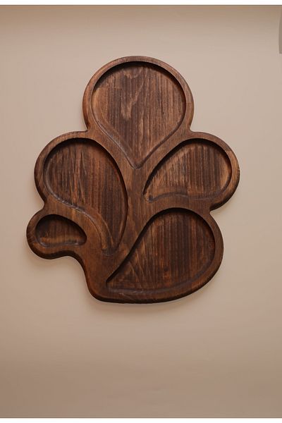 Rabo Craft Flora - Solid Pine Wood Presentation Tray in Flower Form, Dark Walnut Varnished, Minimal Design
