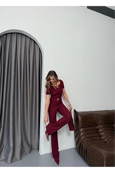 MAMAYAGA Women's Gold V-Neck and High Waist Accessory Ottoman Fabric Double Sports Stylish Suit