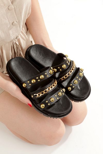 PAYZİN '' Semra'' Black Skin Yellow Troc and Chain Orthopedic Slippers New Season