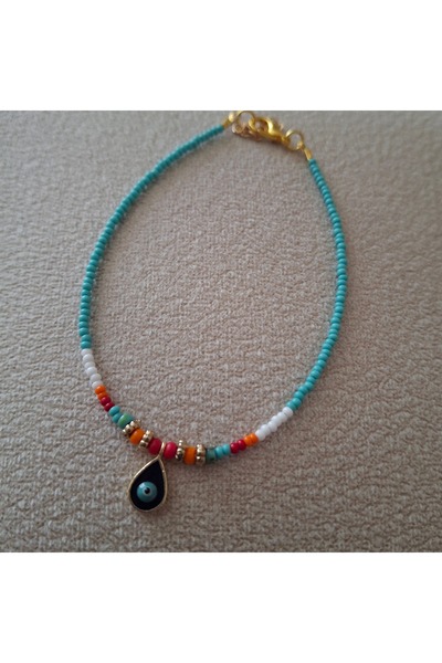 azra takı tasarım Handmade Evil Eye Drop, Blue Turquoise Women's Anklet with Figures