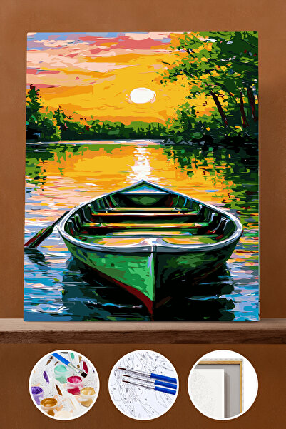 Pastelya Sayılarla Boyama Seti Çerçeveli Kasnaklı Kayık ve Günbatımı 40x50 cm