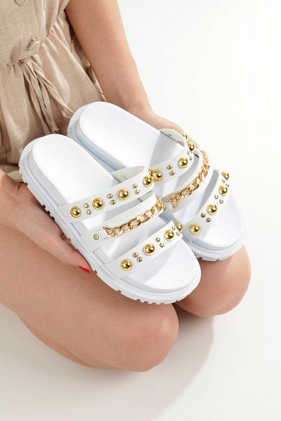 PAYZİN '' Semra'' White Skin Yellow Troc and Chain Orthopedic Slippers New Season