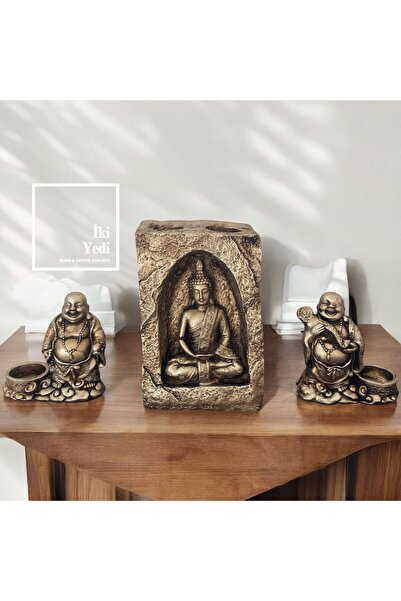 77 Buda Figürlü 3'lü Mumluk Seti, Meditasyon Temalı Dekoratif Obje, Ev Hediyesi Biblo 77-2