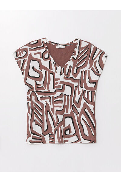 LC Waikiki New Season V-Neck Patterned Short Sleeve Women's T-Shirt