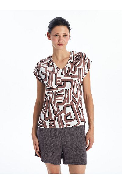 LC Waikiki New Season V-Neck Patterned Short Sleeve Women's T-Shirt