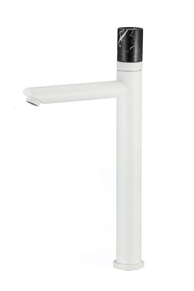 PLOTO Pluto tall white basin mixer with black handle and hoses