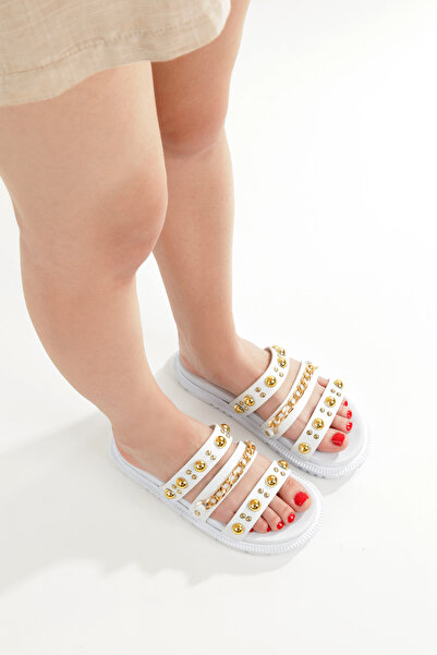 PAYZİN '' Semra'' White Skin Yellow Troc and Chain Orthopedic Slippers New Season