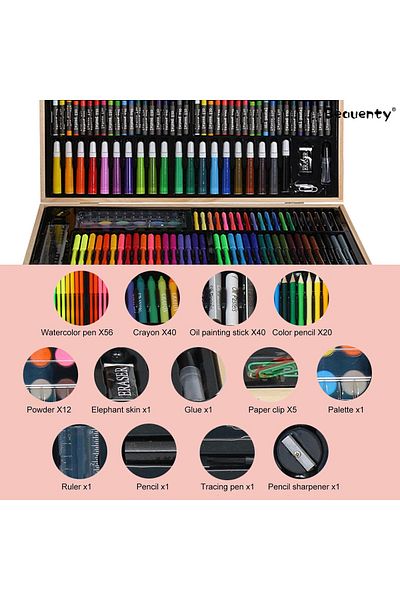 Toybox Kids Art Set in Wooden Carrying Case Including Paints, Crayons, Markers and More 180pcs