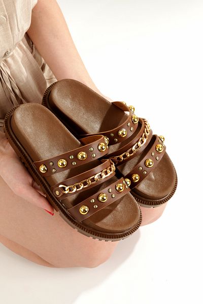 PAYZİN ''Semra'' Tan Skin Yellow Trok and Chain Orthopedic Slippers New Season