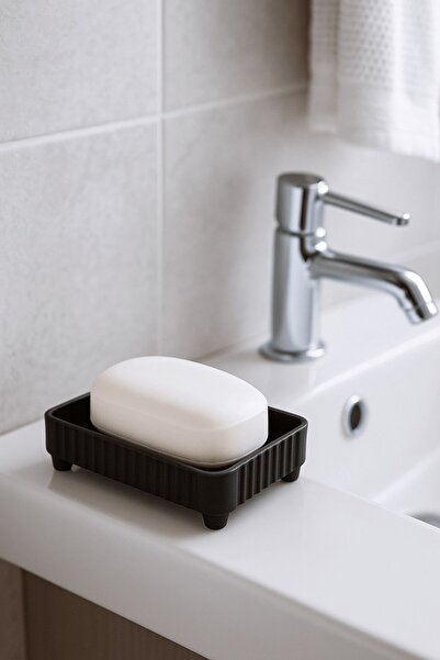 Sas Haus Lines Series Black Bathroom Set, 3 Piece Oval Acrylic Soap Dish Brush Holder and Liquid Soap Dispenser Set - 3319