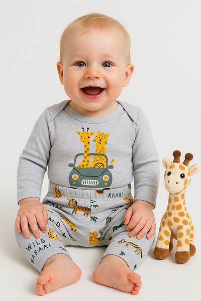 İZYALİF BABY Baby Boy Newborn Giraffe Deswenli 2 Piece Set Set Bottom Top Snap Body Organic Cotton