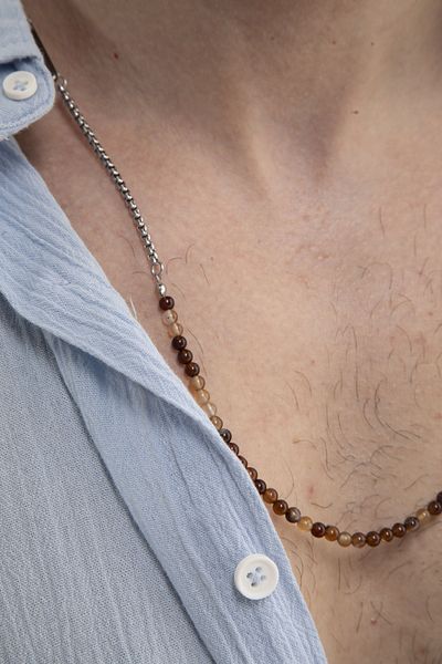 Fjellor Men's Bohemian Style Brown Natural Stone and Chain Necklace