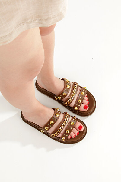 PAYZİN ''Semra'' Tan Skin Yellow Trok and Chain Orthopedic Slippers New Season