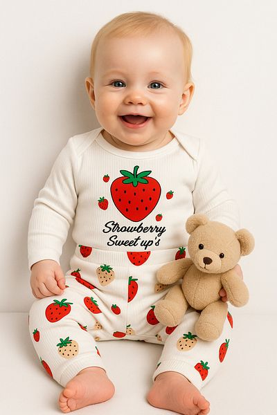İZYALİF BABY Girl Boy Baby Strawberry 2 Piece Set Unisex Newborn Outfit Organic Cotton