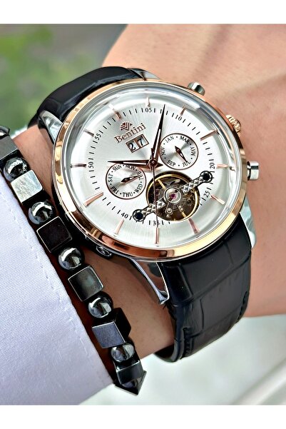 Bentini Men's Wristwatch – Automatic Mechanism, Calendar, Leather Band, Waterproof, 2-Year Warranty, Clip