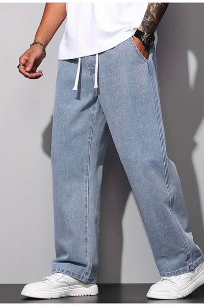 moda camiya Ανδρικό φαρδύ τζιν παντελόνι με ελαστική μέση, ίσιο πόδι, άνετο κοψίμα