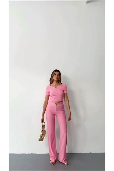 MAMAYAGA Women's Gold V-Neck and High Waist Accessory Ottoman Fabric Double Sports Stylish Suit