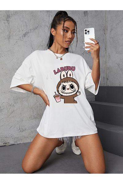 Let's Wear Μπλουζάκι Labubu Brown με στάμπα με γιακά ποδηλάτου για γυναίκες