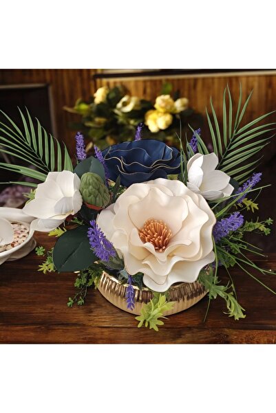 BARITCIOGLU Aranjament de flori mixte din metal auriu în dungi albastru cobal...