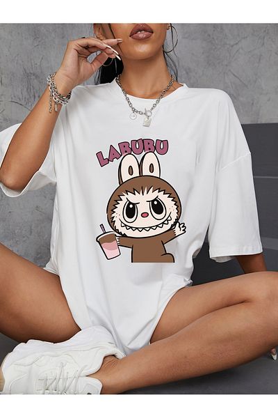 Let's Wear Μπλουζάκι Labubu Brown με στάμπα με γιακά ποδηλάτου για γυναίκες