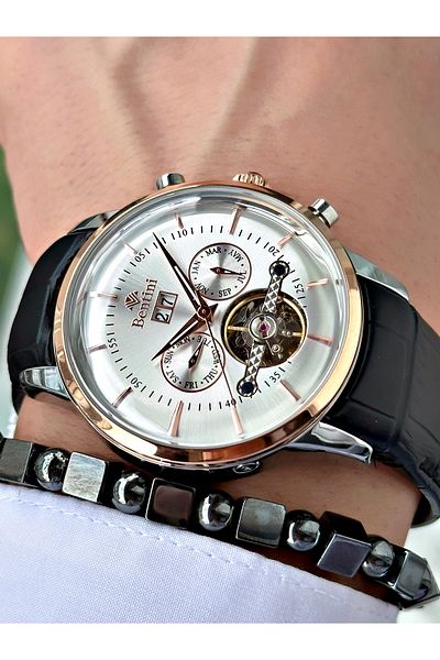 Bentini Men's Wristwatch – Automatic Mechanism, Calendar, Leather Band, Waterproof, 2-Year Warranty, Clip
