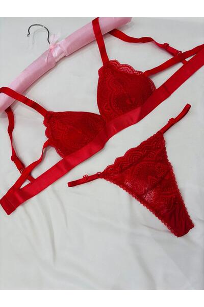 İNKO İÇ GİYİM Economical Lace Detailed Underwire-Free Padding-Free Bra Thong Set