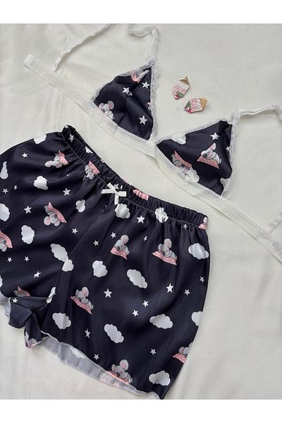 İNKO İÇ GİYİM Satin Patterned Bralet Shorts Set with Lace Detail