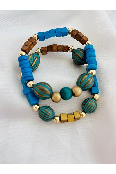 COCOSH TAKI Turquoise Wooden Beaded Multi-Combination Bracelet with Gold Details
