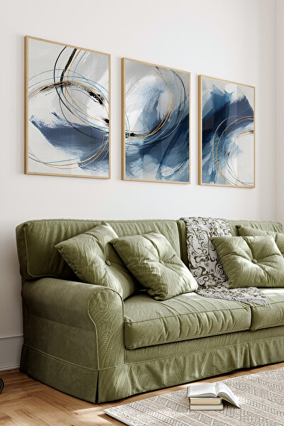kutuTR 🎨 Lacivert ve Altın Tonlarında Modern Soyut 3’lü Çerçeveli Tablo Seti...