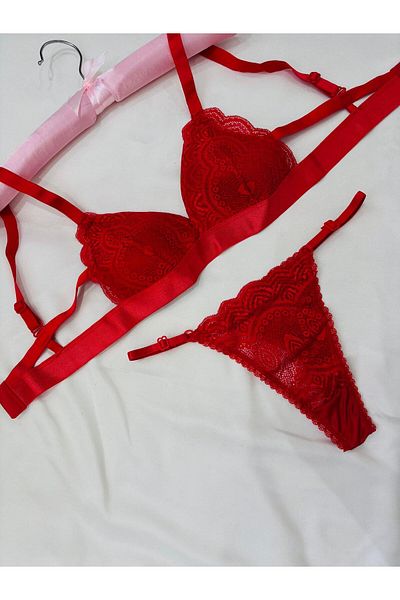 İNKO İÇ GİYİM Economical Lace Detailed Underwire-Free Padding-Free Bra Thong Set