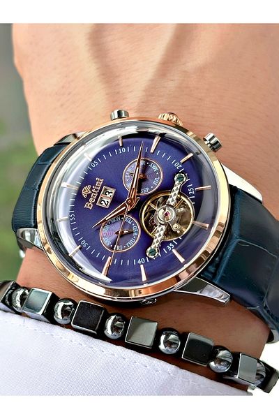 Bentini Men's Wristwatch – Automatic Mechanism, Calendar, Leather Band, Waterproof, 2-Year Warranty, Clip