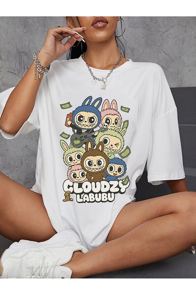 Let's Wear Ανδρικό γυναικείο μπλουζάκι με στάμπα Labubu Cloudzy με γιακά ποδηλάτου