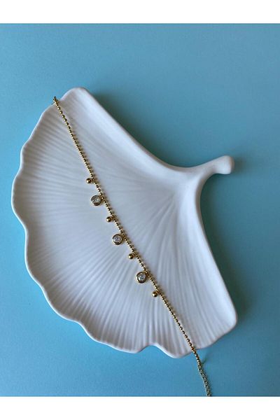 marsel aksesuar Round Stone Detailed Nail Gold Steel Anklet
