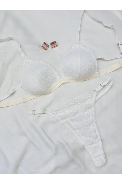 İNKO İÇ GİYİM Economical Lace Detailed Underwire-Free Padding-Free Bra Thong Set