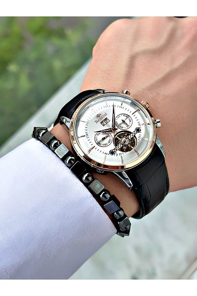 Bentini Men's Wristwatch – Automatic Mechanism, Calendar, Leather Band, Waterproof, 2-Year Warranty, Clip