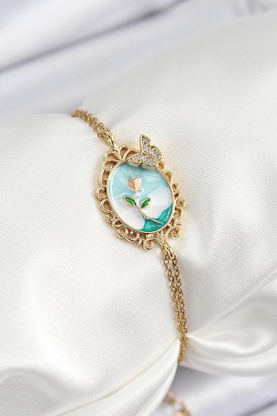 Clariss 316L Steel Chain Enameled Artistic Portrait Zircon Stone Butterfly Detailed Flower Model Gold Color Women's Bi