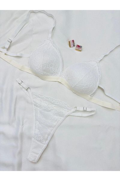 İNKO İÇ GİYİM Economical Lace Detailed Underwire-Free Padding-Free Bra Thong Set