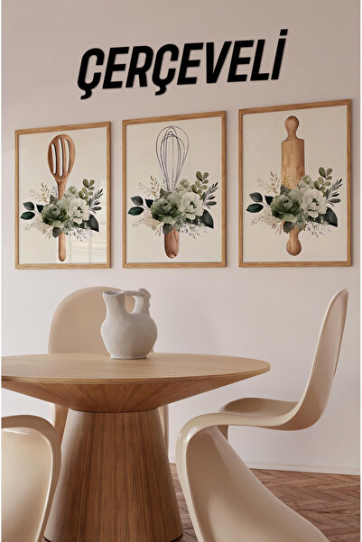 kutuTR 🌿 Ahşap Mutfak Gereçleri ve Çiçek Temalı Çerçeveli 3’lü Tablo Seti – ...