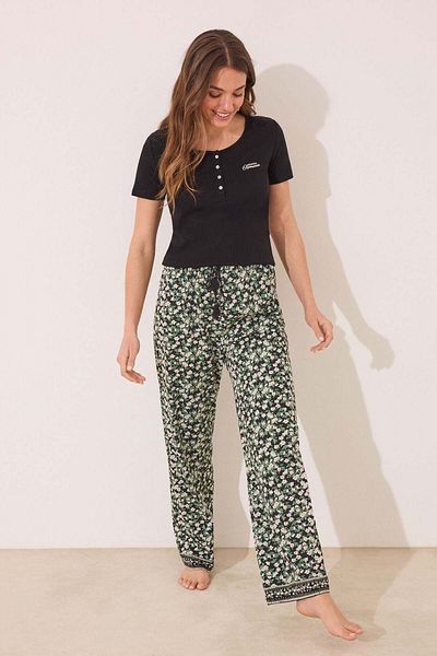 Women'secret Long black ribbed cotton pajamas