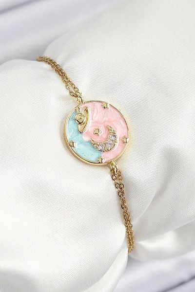 Clariss 316L Steel Chain Enameled Artistic Portrait Zircon Stone Planet Model Gold Color Women's Bracelet