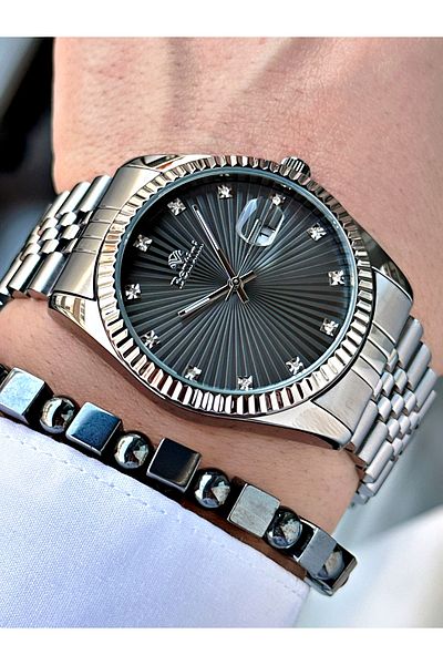 Bentini Men's Watch with Calendar and Stone – Steel Band, Waterproof, 2-Year Warranty, Gift Bracelet