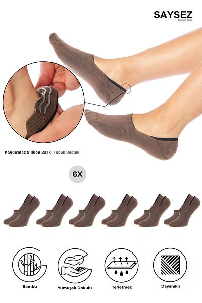 SAYSEZ Bamboo Women's Ballerina Brown Socks Seamless Invisible Non-Slip Heel Silicone Premium Pack of 6