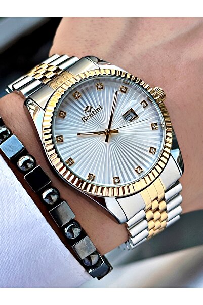 Bentini Men's Watch with Calendar and Stone – Steel Band, Waterproof, 2-Year Warranty, Gift Bracelet