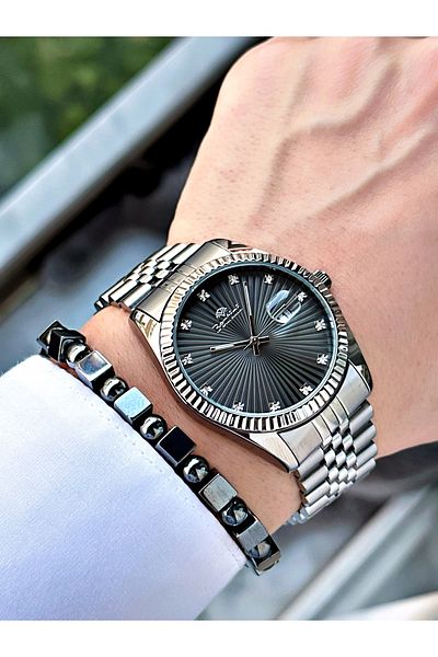 Bentini Men's Watch with Calendar and Stone – Steel Band, Waterproof, 2-Year Warranty, Gift Bracelet