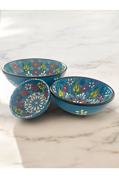 Artistic Quality Decorative 3 Pieces Blue Tulip Tile Designed Fully Handmade Snack Bowl-Sauce Bowl-Breakfast Bowl